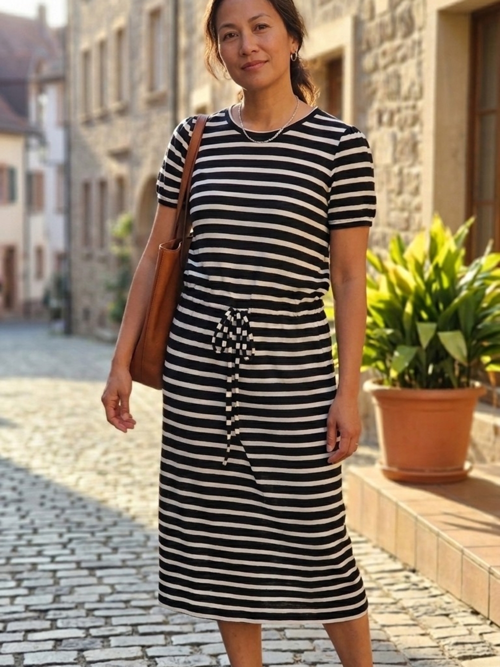 We Norwegians XS Merino Wool Striped T-Shirt Dress Drawstring Waist Black White